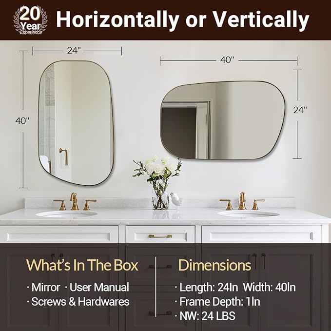 ANDY STAR 24"x40" Asymmetrical Wall Mirror，Brushed Gold Irregular Bathroom Mirror with Stainless Steel Metal Frame, Wall-Mounted Mirror for Bathroom, Entryway (Horizontal/Vertical)