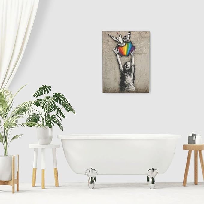 Banksy Street Graffiti Wall Art Rainbow Canvas Wall Decor Love And Peace Pictures Paintings Prints Artwork Framed Modern Decorations For Bedroom Bathroom Office Living Room Gifts 12" x 16"