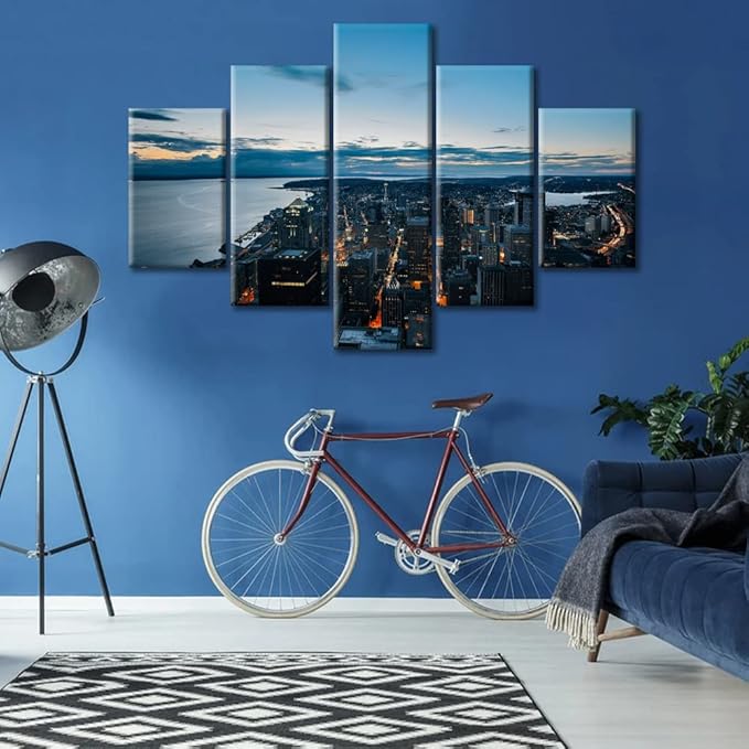 5 Panel Washington America Skyline Home Decor Posters and Prints Seattle Skyscraper Cityscape Canvas Wall Art for Living Room Wall Decor Giclee Wooden Framed Gallery-Wrapped Ready to Hang (60"Wx40"H)