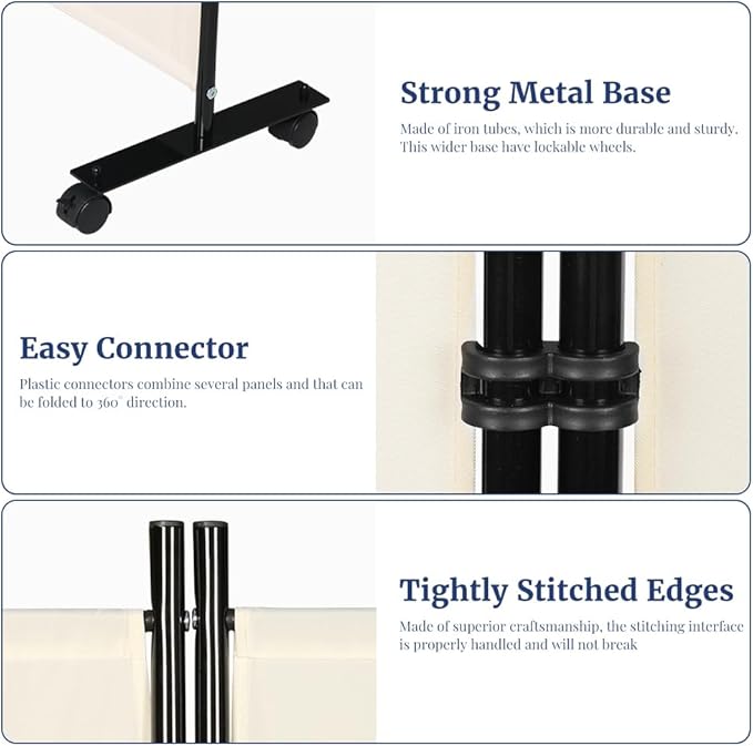 Kokorona 6 Panel Room Divider, 6FT Tall Rolling Privacy Screen with Lockable Wheels, Folding Wall Dividers Portable Room Divider for Room Separation, Included - Cover Strips, Beige, 119''W x 70''H