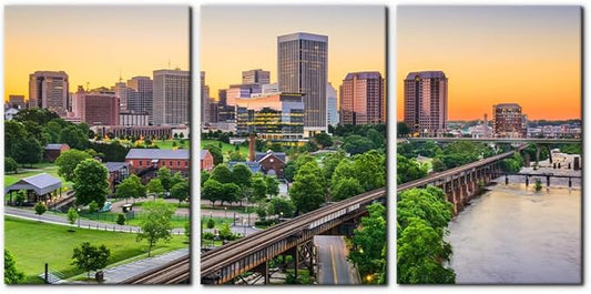 Pacimo Canvas Print Wall Art Set Richmond Skyline Giclee Poster Gallery Wrapped Virginia Cityscape Modern Artwork for Living Room Bedroom Office Stretch and Framed Ready to Hang - 16"x24"x3 Panels