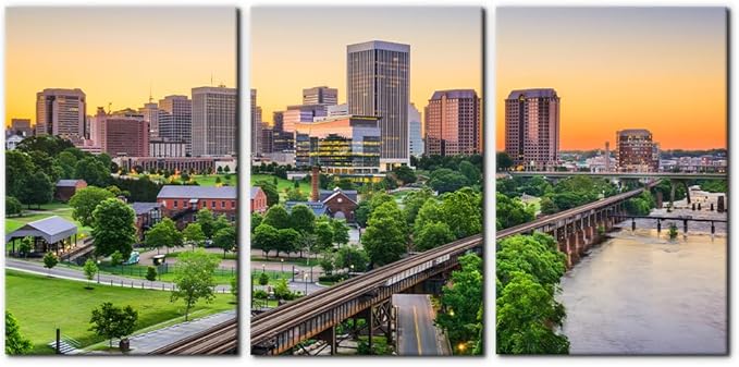 Pacimo Canvas Print Wall Art Set Richmond Skyline Giclee Poster Gallery Wrapped Virginia Cityscape Modern Artwork for Living Room Bedroom Office Stretch and Framed Ready to Hang - 20"x28"x3 Panels