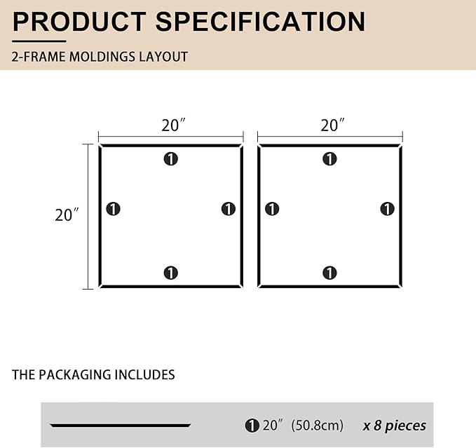 2 Set of 20" x 20" Pre-Cut Accent Wall Molding Trim Kit, Peel and Stick Premade Wainscoting Panels for Interior Decoration, Ready to Assemble Chair Rail Moulding