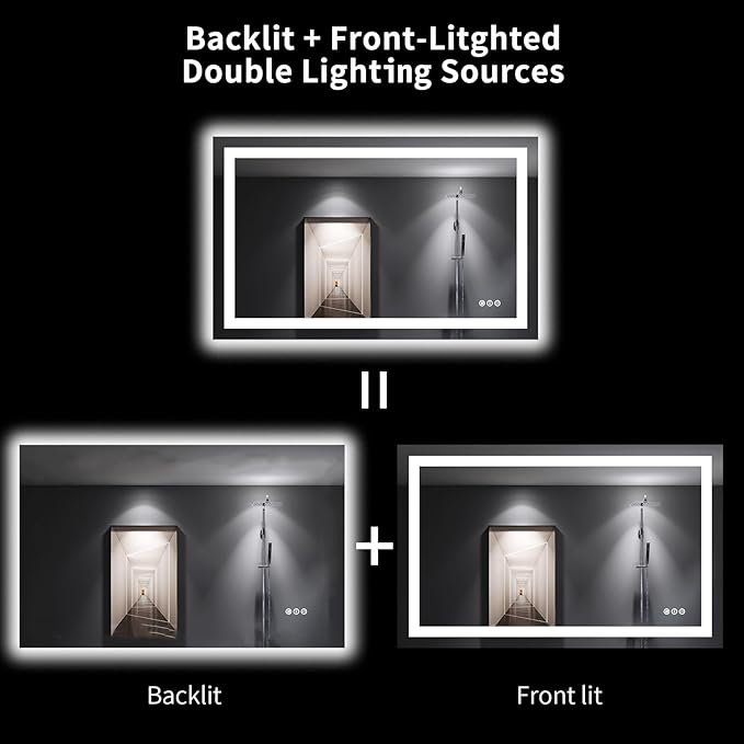 LOAAO 48"X30" LED Bathroom Mirror with Lights, Anti-Fog, Dimmable, Backlit + Front Lit, Lighted Bathroom Vanity Mirror for Wall, Memory Function, Tempered Glass, Shatter-Proof, ETL Listed