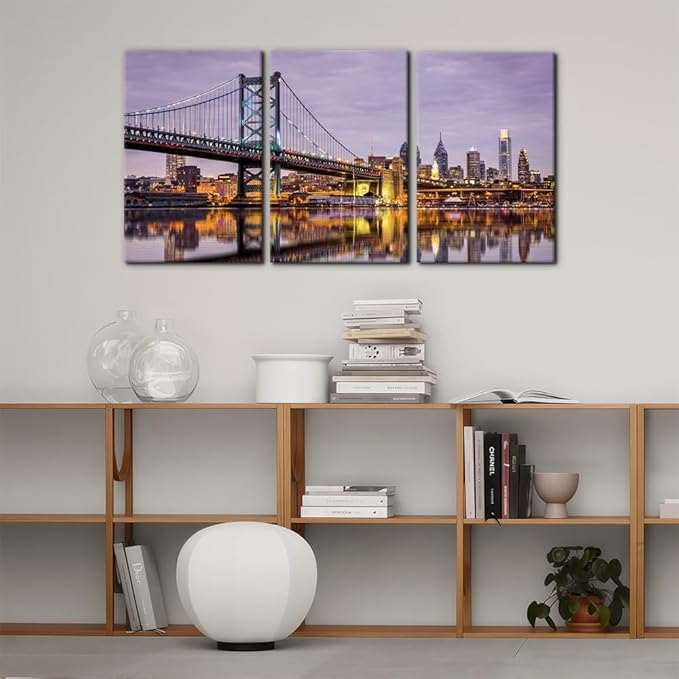 Pacimo Canvas Wall Art Ben Franklin Bridge Skyline Modern Home Decor Philadelphia Cityscape Picture Prints Modern Artwork for Wall Decor Stretch and Framed Ready to Hang - 20"x28"x3 Panels