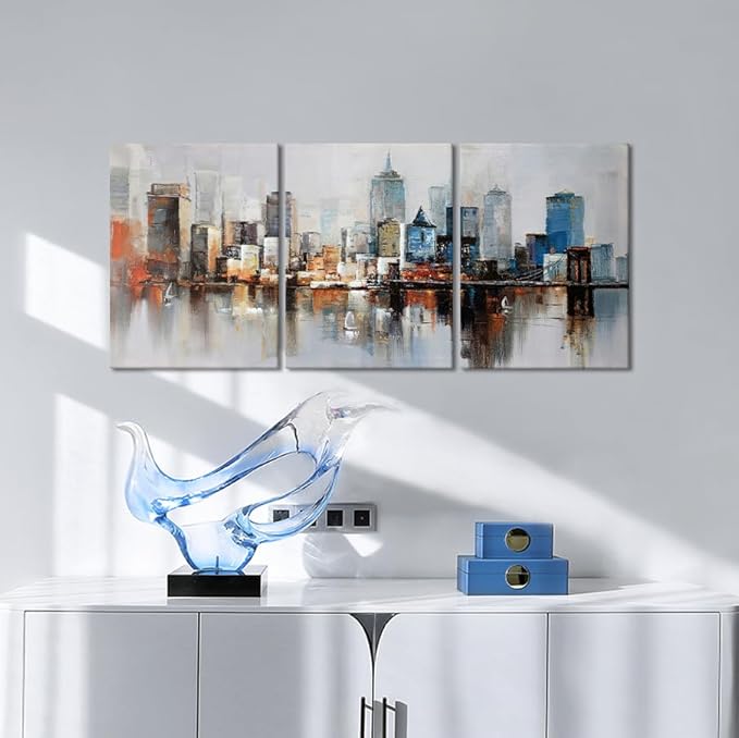 MAMAGO 3 Panel Vintage New York City Wall Decor Modern Abstract Cityscape Canvas Print Poster for Bedroom Living Room Office Wall Art Framed Ready to Hang-12”W x 16”Hx3pcs