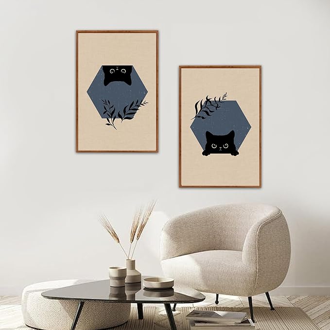 LHIUEM Boho Black Cat Framed Canvas Wall Art,Abstract Cute Animal Wall Decor,Modern Funny Kitty Painting,Beige dark Leaves Artwork for Living Room,Bedroom,Dining Room -16"x24"x3