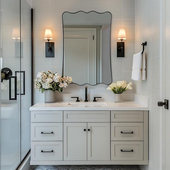 ANDY STAR 24x36 Wavy Rectangle Bathroom Mirror, Matte Black Scalloped Mirror with Curved Design, Irregular Wall Mirror for Vanity, Powder Room, Wall Decor, Stainless Steel Frame, Anti-Rust