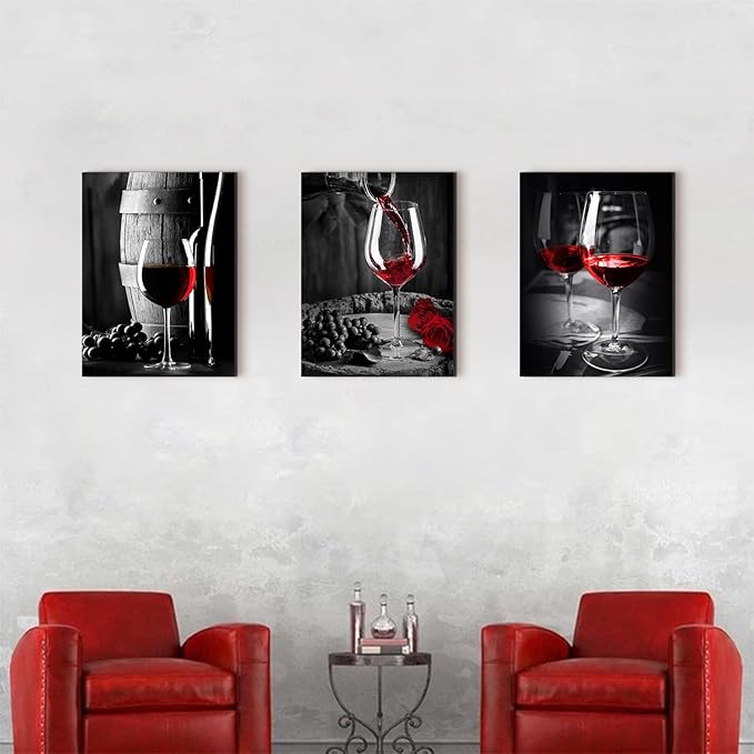 Kitchen Wall Art for Dining Room Red Wine Decor Glass Cup Barrel Bar Canvas Picture Painting Black and White Vintage Artwork Fruit Goblet Poster Decorations Family Restaurant Bedroom 16x24 Inch 3pcs
