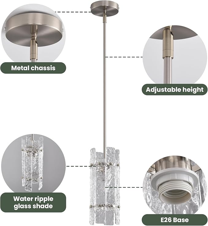 Brushed nickel Crystal Pendant Light for Kitchen Island, Luxury Mini Water Ripple Glass Chandelier Fixture, Modern Round Adjustable Hanging Pendant Lighting for Dining Room Bathroom Hallway (3-Pack)