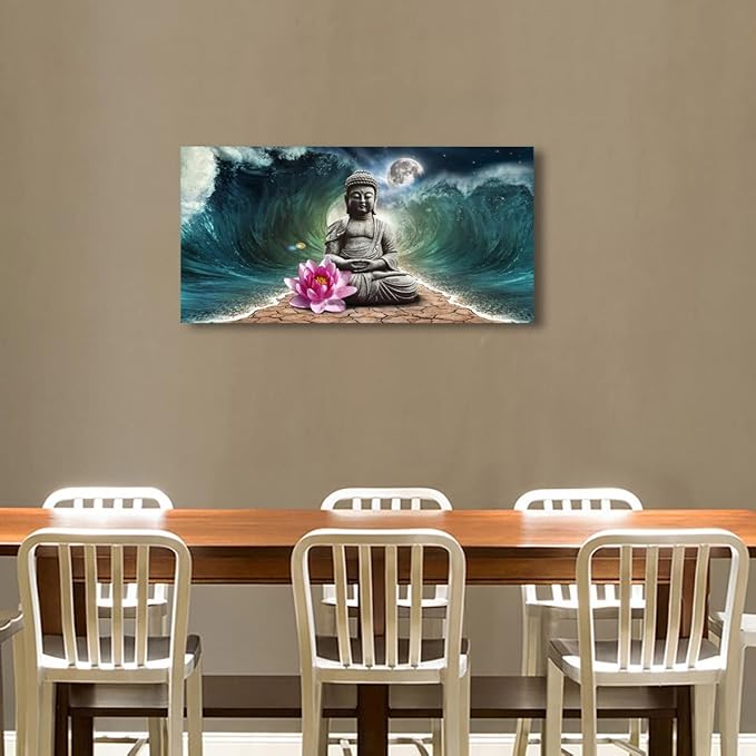 Canvas Wall Art Buddha Pictures Home Decor Grey Zen in The Background of Moon and Waves Poster Prints Painting for Living Room Bedroom Bathroom Kitchen Office Decoration Hindu Artwork 20x40 Inches