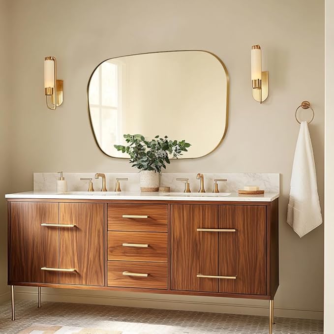 ANDY STAR 30"x40" Asymmetrical Wall Mirror，Brushed Gold Irregular Bathroom Mirror with Stainless Steel Metal Frame, Large Wall-Mounted Mirror for Bathroom, Entryway (Horizontal/Vertical)