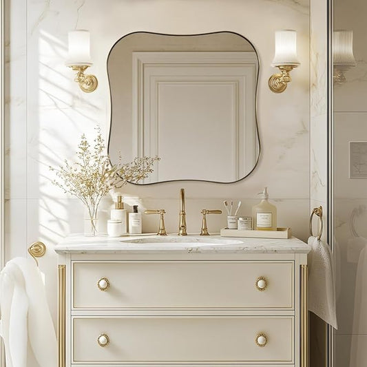 ANDY STAR 24"x24" Brushed Brass Square Mirror, Gold Scalloped Mirror with Unique Notched Edges Design in 1 Inch Stainless Steel Metal Frame for Home Bathroom Wall Mounted