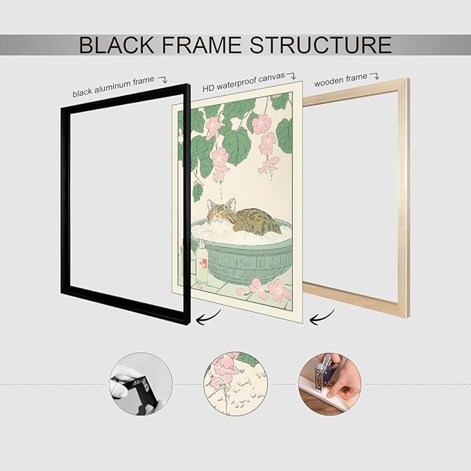Black Framed Canvas Wall Art Posters Tabby Cat In Bathtub Prints Rustic Neutral Japanese Cute Restroom Animal Painting Funny Japan Cat for Bedroom Living Room Bathroom 11x14in
