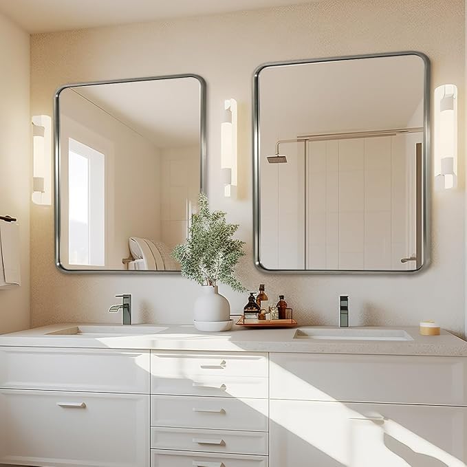 ANDY STAR 40x36 Inch Chrome Bathroom Mirror, Chrome Vanity Mirror for Wall, Rounded Rectangle Mirror, Anti-Rust SUS304, Seamless Tube Metal Frame, 1’’ Deep Wall Mounted Vertically/Horizontal