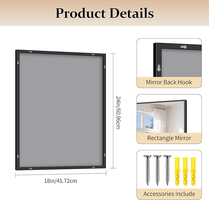 Black Bathroom Mirror for Wall, 18x24 Inch Rectangle with Metal Frame, Modern Vanity for Bathroom Living Room, Entryway Hangs Horizontal or Vertical