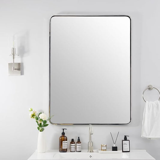ANDY STAR 40”X30” Chrome Bathroom Mirror, Polished Chrome Bathroom Vanity Mirror, Rounded Rectangle Mirrors for Wall, SUS304 Anti-Rust Tube Metal Frame, Wall Mounted Horizontal/Vertical 1’’ Deep