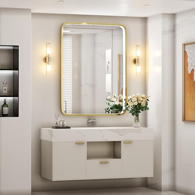 28x36 Inch LED Bathroom Mirror with lights,Wall Mounted Lighted Vanity Mirrors with Non-Rusting Gold Metal Frame Anti-Fog Memory Funtion Stepless Dimmable for Bathroom Decor(Horizontal&Vertical)