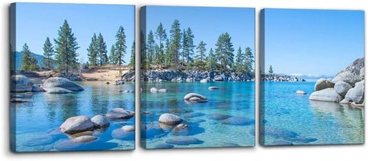Pacimo Canvas Print Wall Art Set Vibrant Forest & Rocky Lake Landscape Nature Wilderness Photography Realism Rustic Scenic Modern Artwork Decor Stretch Framed Ready to Hang - 12 x 16 inch x 3