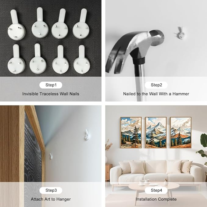 Large Woodcut Style Mountains Framed Canvas Wall Art,Vintage Pine Trees Wall Decor,Boho Natural Snow Ridge Artwork,Modern Woodland Landscape Art Print for Living Room,Bedroom,Office- 16"x24"x3