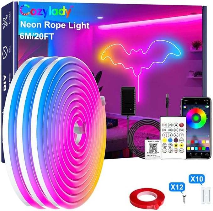 Cozylady 20Ft RGB LED Neon Rope Lights for Bedroom, 6m LED Strip Lamp with Double Sided Adhesive Tape, App/Remote Control Waterproof DIY Lights Decorate The Outdoor and Indoor of Your Home.