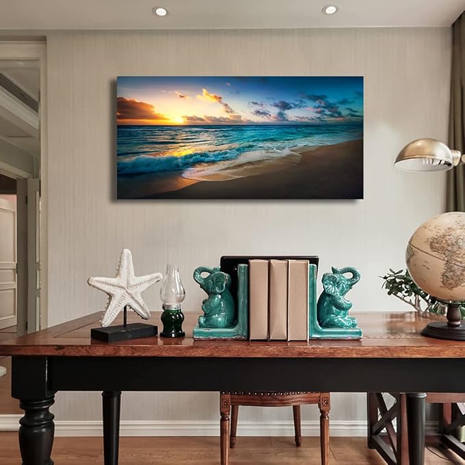 Beach Pictures Wall Art Canvas Prints Seascape Themed Decor for Home Sea Ocean Sunset Paintings for Living Room Bathroom Wall Decorations Natural Landscape Artwork Wooden Picture Frames 24x48 inches