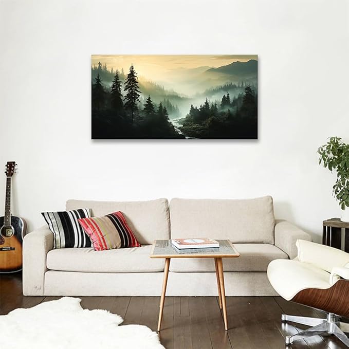 BYXART Misty Forest Canvas Wall Art Foggy Mountain Landscape Nature Picture Decor for Bathroom Living Room Pine Trees Smoky Scenery Painting Artwork for Bedroom Home Office Decorations 48L x24W