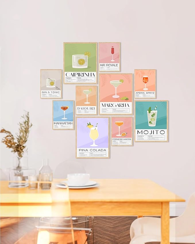 KBKBART Vintage Cocktail Poster Set of 10, Retro Bar Cart Accessories, Colorful Cocktail Wall Art, Funky Drink Aesthetic Pictures for Bar Cart Decor, Preppy Bar Art Prints for College Dorm Apartment - Unframed