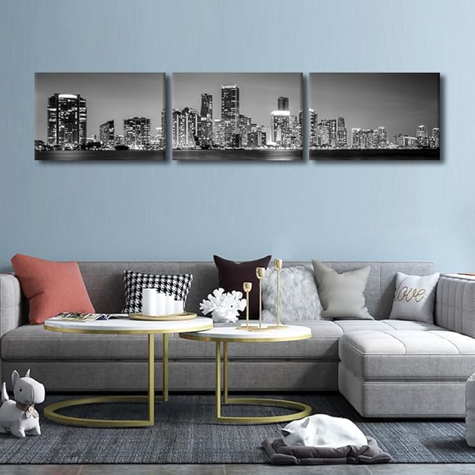 Miami Skyline Wall Art for Living Room Downtown Miami Black and White Wall Art Canvas Print Modern Home Decor Pictures Skyscraper Artwork House Decor Posters Prints Ready to Hang 16x72 Inch