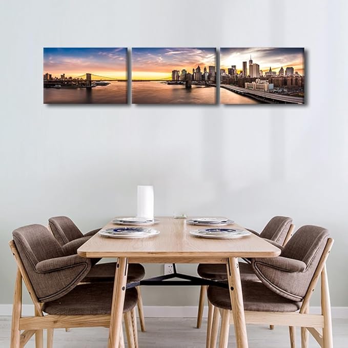 New York Cityscape Wall Art Painting on Canvas Brooklyn Bridge Panorama at Sunset Bedroom Wall Art Modern Home Decor House Decorations for Living Room Bathroom Pictures Framed Ready to Hang 12x48 Inch