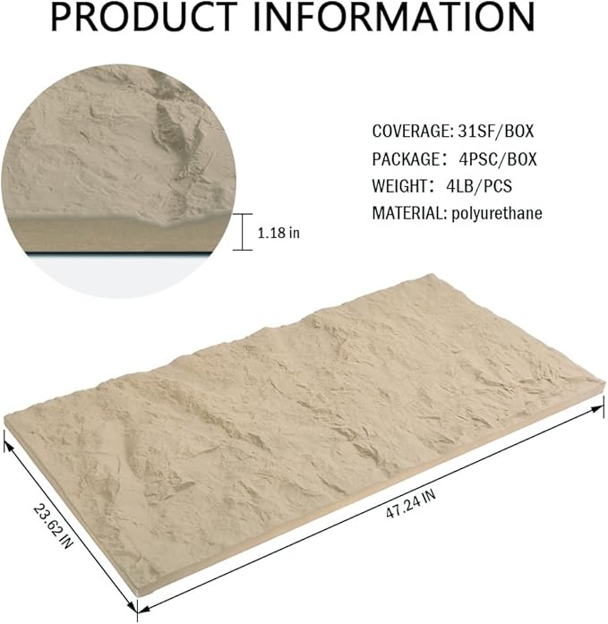 4-Pack 3D PU Stone Wall Panels for Interior Decor | Faux Stone Accent Tiles, Stone Yellow, 47.24"x23.62"x1.18" | Waterproof & Lightweight 3D Wall Design