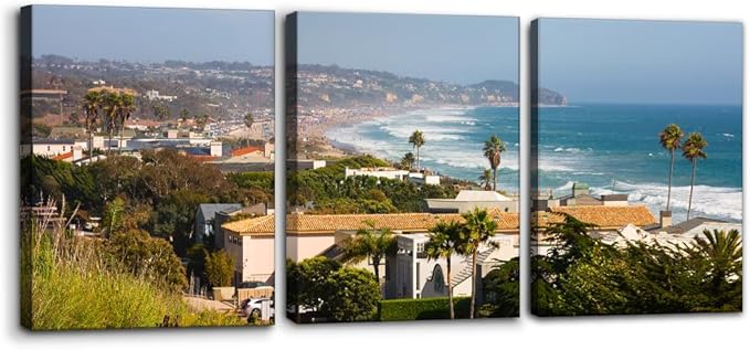 Pacimo Canvas Wall Art for Living Room - Malibu Cityscape Pictures Painting Prints California City Skyline Modern Artwork for Home Office Wall Decor Stretch Framed Ready to Hang - 12"x16"x3 Panels