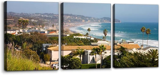 Pacimo Canvas Wall Art for Living Room - Malibu Cityscape Pictures Painting Prints California City Skyline Modern Artwork for Home Office Wall Decor Stretch Framed Ready to Hang - 12"x16"x3 Panels