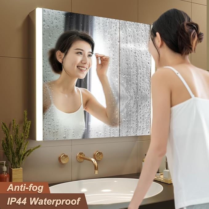 KWW LED Lighted Bathroom Medicine Cabinet with Sockets & USBs, Defogger, Dimmable, 3 Color Light Makeup Mirror, Easy to Install, Wall Mounted Cabinet (Two-Door, 31 * 28)