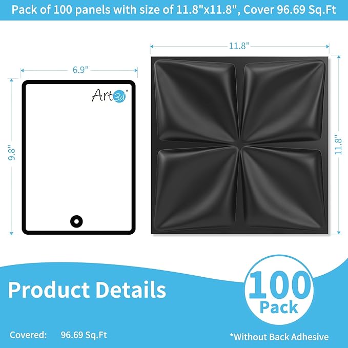 Art3d 100 Pack Decorative 3D Wall Panels, 97 Sq.Feet PVC Interior Wall Décor, 11.8"x11.8", Black