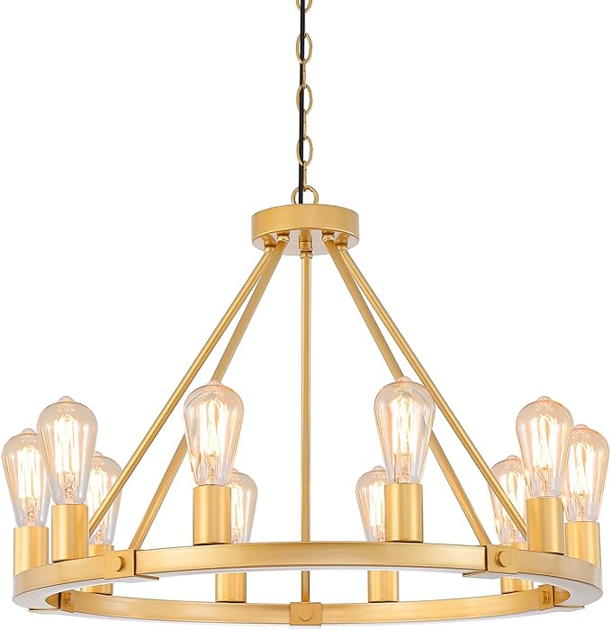 9MMML Gold Wagon Wheel Chandelier, 10-Light Industrial Pendant Light, 26.7'' Farmhouse Ceiling Hanging Chandelier Light Fixture for Living Room, Bedroom, Entryway, Foyer