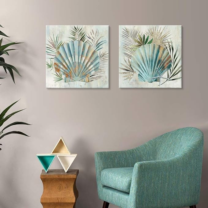 JAPO ART Turquoise Shell by PI Creative Art Modern Canvas seashells Wall Pictures Vintage Giclee Print on Canvas Stretched Living Room Bedroom 20 x 20 inch x 2 pcs