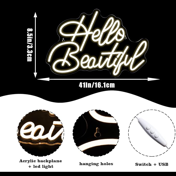 LooKLight Hello Beautiul Neon Sign,Warm White Neon Light Sign,Letters Wedding Neon Signs for Wall Decor,USB Powered Led Light Up Signs For Wedding Party Bedroom Birthday Beauty Salon