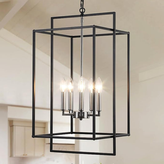 14" Black Chandelier, 5-Light Black Brushed Nickel Farmhouse Light Fixtures, Modern Rustic Hanging Lights, Industrial Kitchen Pendant Lighting Over Island for Dining Room Kitchen Foyer Hallway