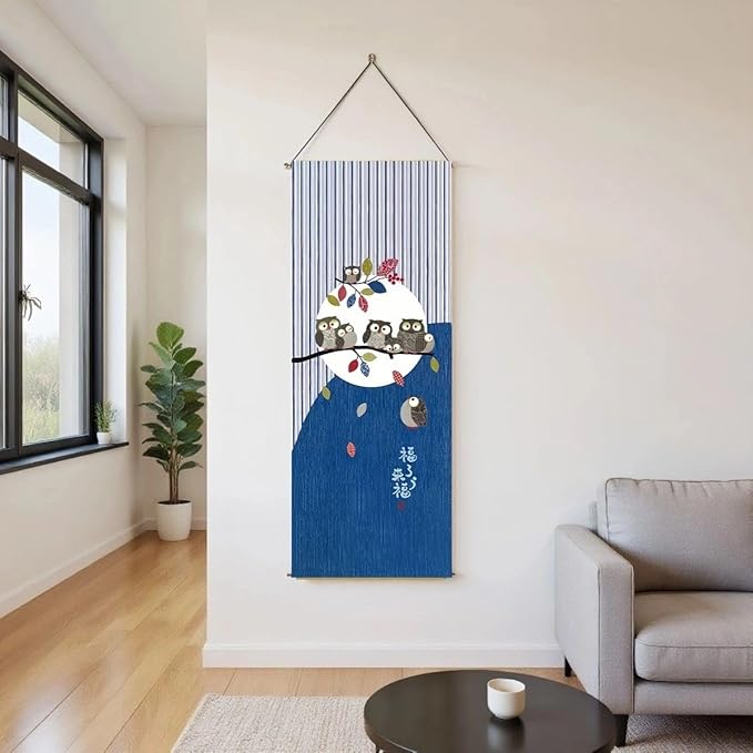 Japanese Tapestry Wall Art Scroll - Feng Shui & Lucky Symbols | W15.7xH47.2", Extra Long Vertical Hanging Decor for Bedroom, Living Room, Office | (Owl) CTT-128