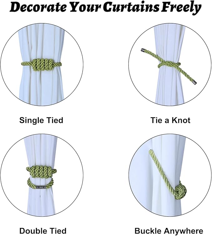 BEL AVENIR Magnetic Curtain Tiebacks, Decorative Drapery Holdbacks Modern Woven Tie-Backs with Exquisite Knot (Green, 6 Pack)