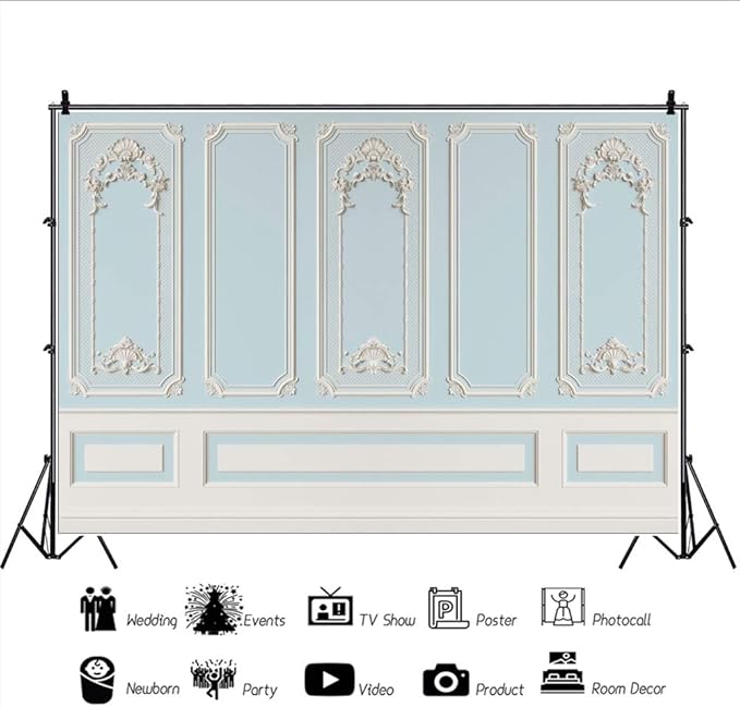 Leyiyi 15x10ft Blue White Vintage Room Inside Backdrop European Frame Modern House French Castle Cementery Wall Retro Style Photo Background Cowboy Kids Birthday Portrait Studio Props Vinyl Wallpaper