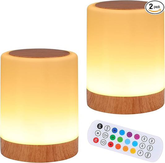 OORUN Touch Bedside Table Lamp,13 RGB Colors & 5 Brightness, USB Rechargeable Desk Lamp, Remote Control Dimmable Light with RGB Color Changing,Portable Lamp for Baby (2 Pack Brown)