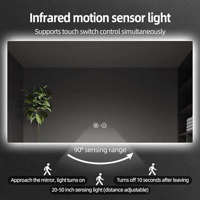 Backlit LED Bathroom Mirror, Infrared Motion Sensor Vanity Mirror with 3-Color Lights, Stepless Dimmable Wall Lighted Mirror with Anti-Fog, Memory, Rectangular (36" L x 48" W)