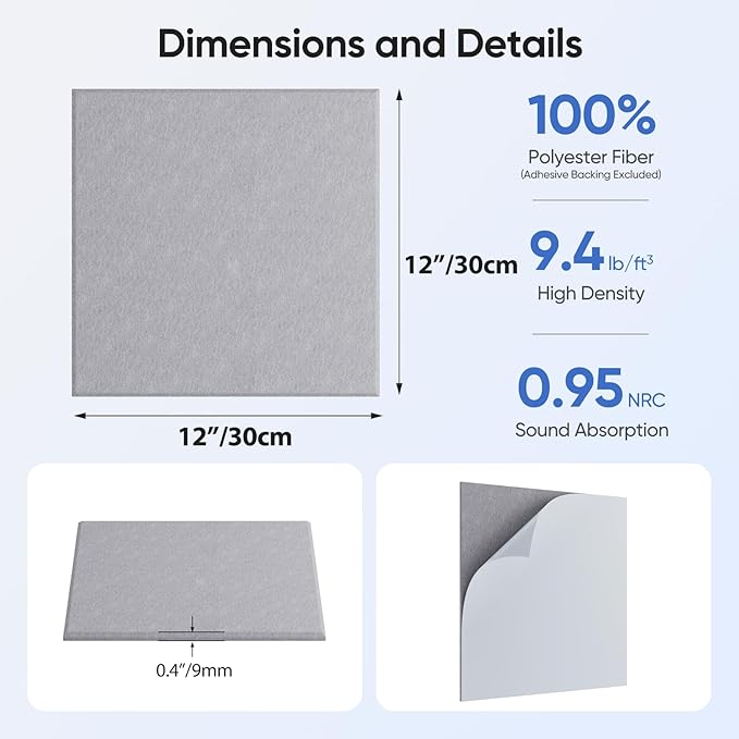 12 Pack 12" X 12" X 0.4" Acoustic Panels for Wall Sound Absorbing, Square Self-Adhesive Sound Panels, High Density Suitable for Multiple Scenarios(Ash Gray)