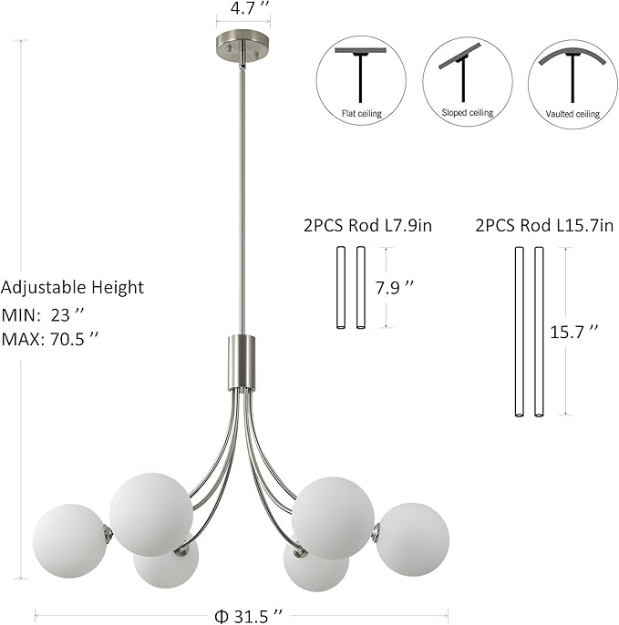 6-Light Brushed Nickel Chandelier, Modern Dining Room Light Fixture Hanging, Sputnik Chandelier for Living Room Kitchen Island Bedroom Entryway, Milk White Globe Glass Shade