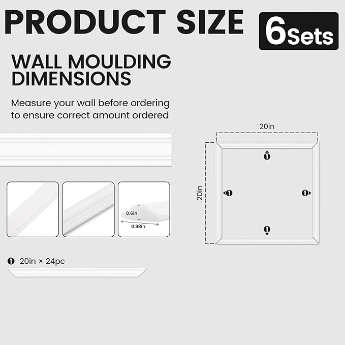 6 Sets Peel and Stick Wall Molding Kit, 20''x20'' Premade Wainscoting Accent Panels for Interior Wall Trim, Easy DIY Moulding Decor