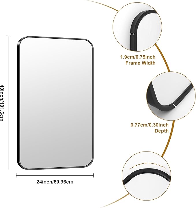 KOCUUY Bathroom Mirror 24" x 40", Black Rectangle Mirror with Metal Frame, Matte Black Vanity Mirror Rounded Corner Decorative for Bedroom, Living Room, Entryway (Horizontal/Vertical)