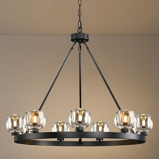 Black Wagon Wheel Chandelier, 36 Inch Black Chandeliers with Unique Glass Shade, 9-Light Crystal Farmhouse Wagon Wheel Chandeliers for Dining Room, Round Chandelier for Living Room, Foyer, Entryway