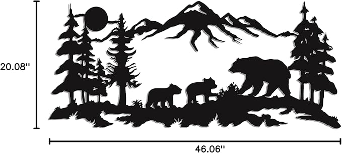 Metal Wall Art, Metal Bear Family Art, Tree Mountain Decoration, Nature Wall Decor, Wildlife Lover Gift, Wall Hangings (47"W x 20"H / 117x51cm)
